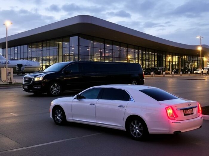 White and black luxury cars parked