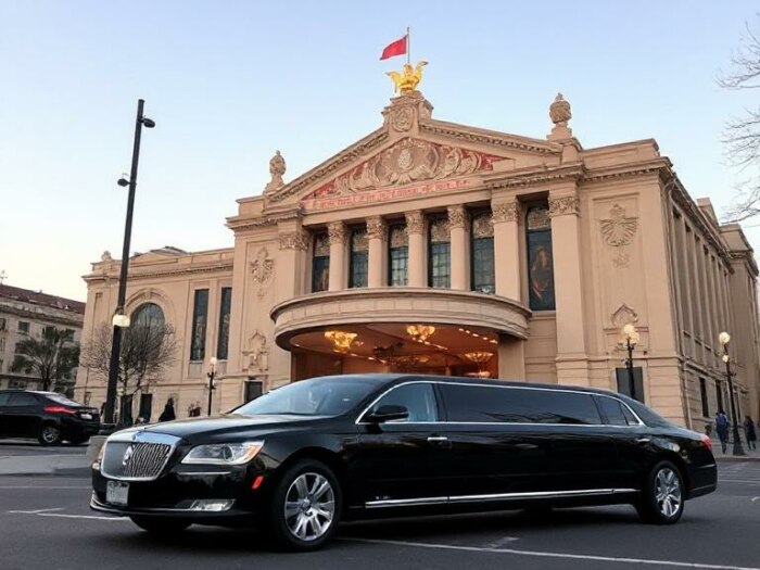 Black limousine parked outside concert hall