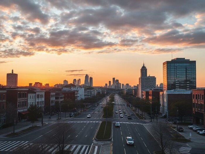 City skyline at sunset