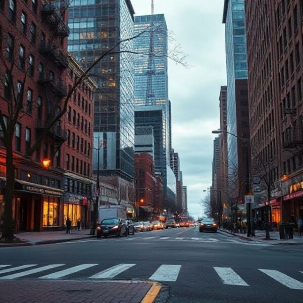 Newark street scene at dusk
