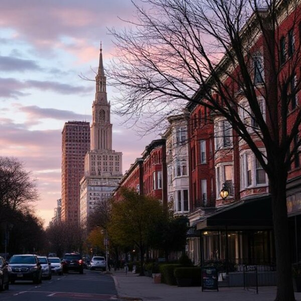 Ridgewood, NJ street at sunset