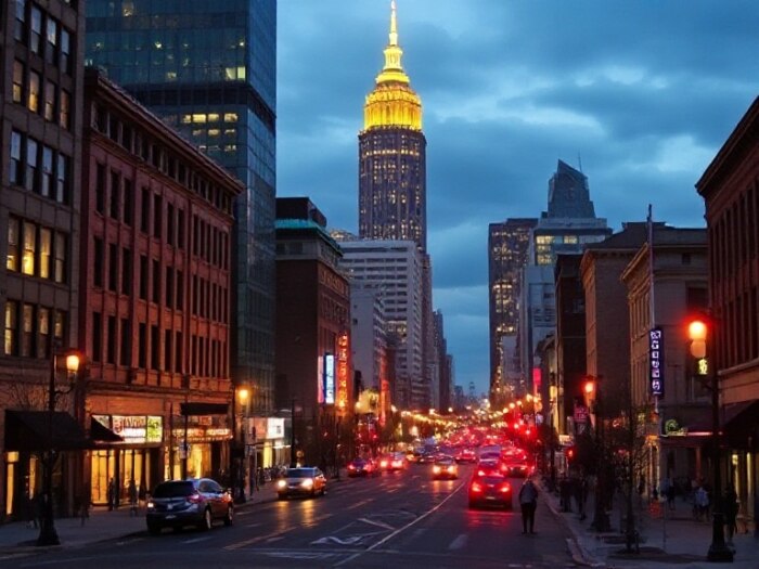 City street at night with skyscrapers